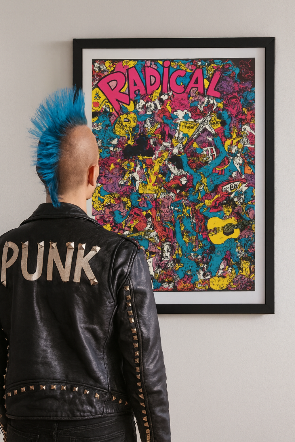 Person wearing a leather jacket with 'PUNK' on it, standing in front of a colorful framed poster.